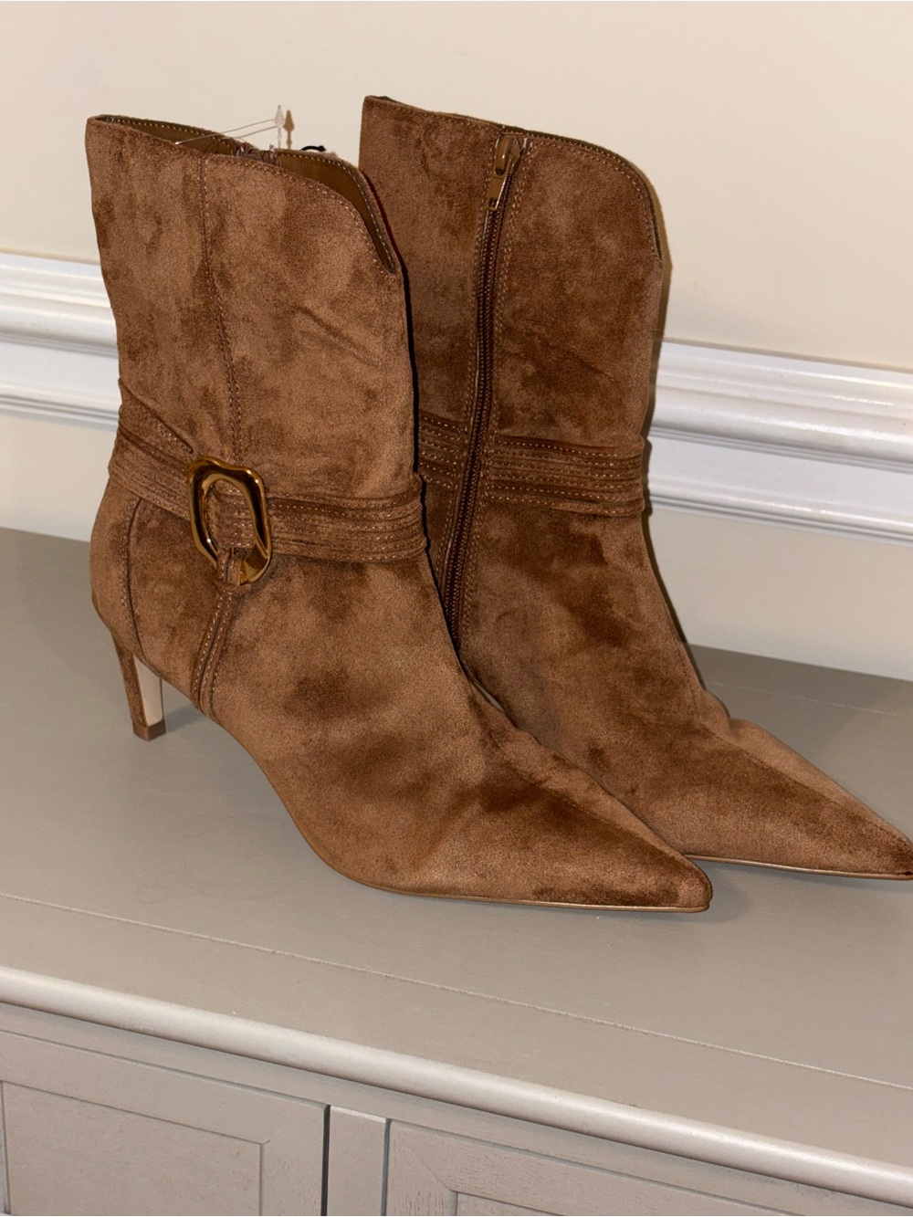 BCBG Tan Suede Pointed-Toe Mid-Heel Ankle Boots